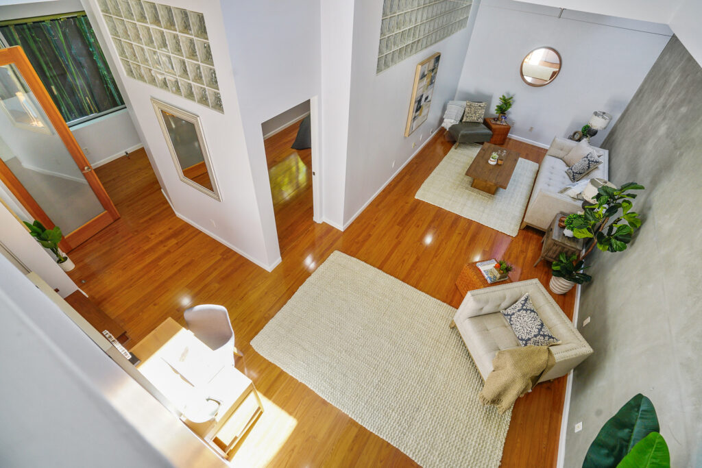 View of living room from second floor.