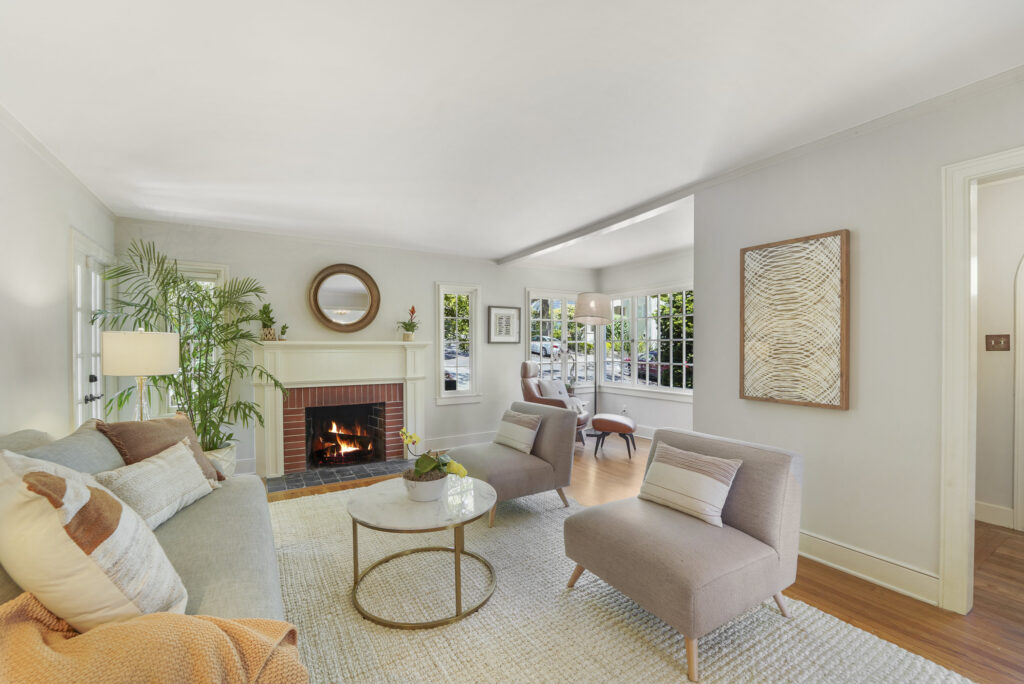 Living room with fireplace. 