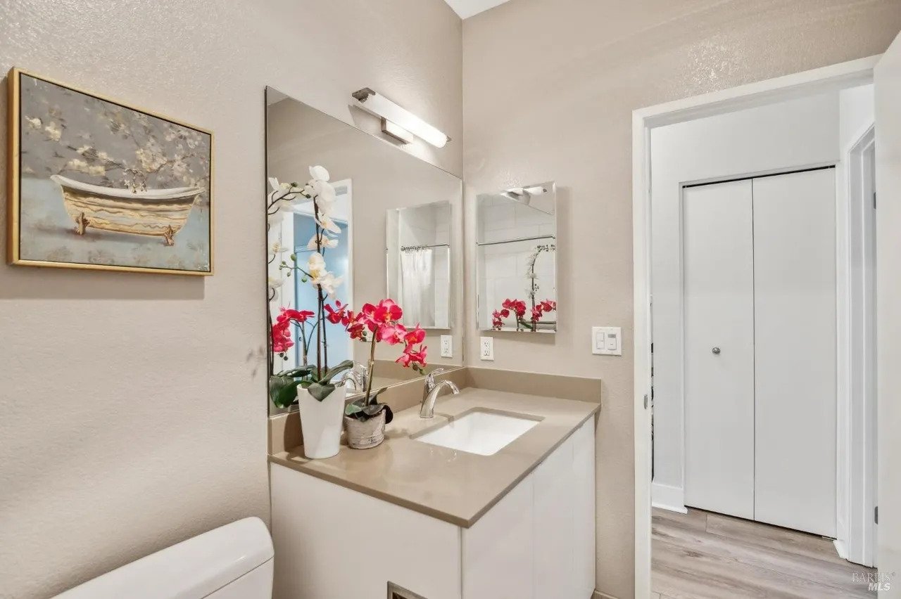 Clean bathroom with a white vanity, a large mirror reflecting red flowers, and a framed picture of a bathtub on the wall.